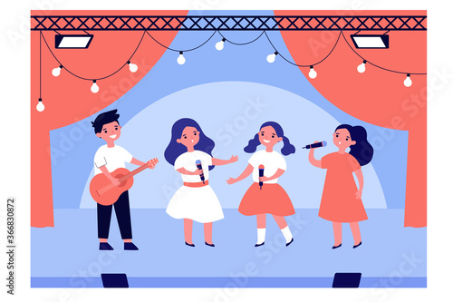 School talent show. Boy and girls singing and playing guitar on stage. Vector illustration for kids theater, school performance, vocal, children music education concepts