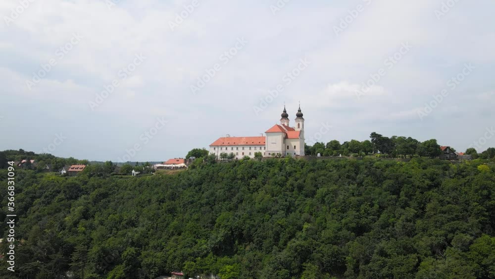 Aerial view of Tihany Abbey. Beautiful panorama view of the Benedictine monastery. Tihany, Lake Balaton Hungary, Europe 4K Aerial view of Tihany Abbey. Beautiful panorama view of the Benedictine monastery. Tihany, Lake Balaton Hungary, Europe 4K