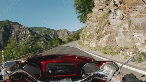 Motorcycle POV Driving Fast Lane Asphalt Curvy Mountain Forest Road Hike Sunny Summer Day Cinematic View Dangerous Speeding Bike