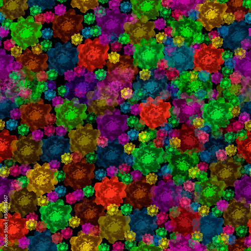 multicolored flowers on a black background. Illustration for printing, backgrounds, wallpapers, covers, packaging, greeting cards, posters, stickers, textile and seasonal design.