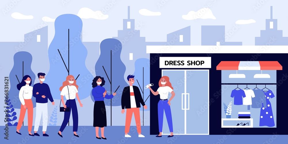 People in mask standing in queue for shopping. Quarantine, disinfection, shop flat vector illustration. Pandemic and health protection concept for banner, website design or landing web page People in mask standing in queue for shopping. Quarantine, disinfection, shop flat vector illustration. Pandemic and health protection concept for banner, website design or landing web page