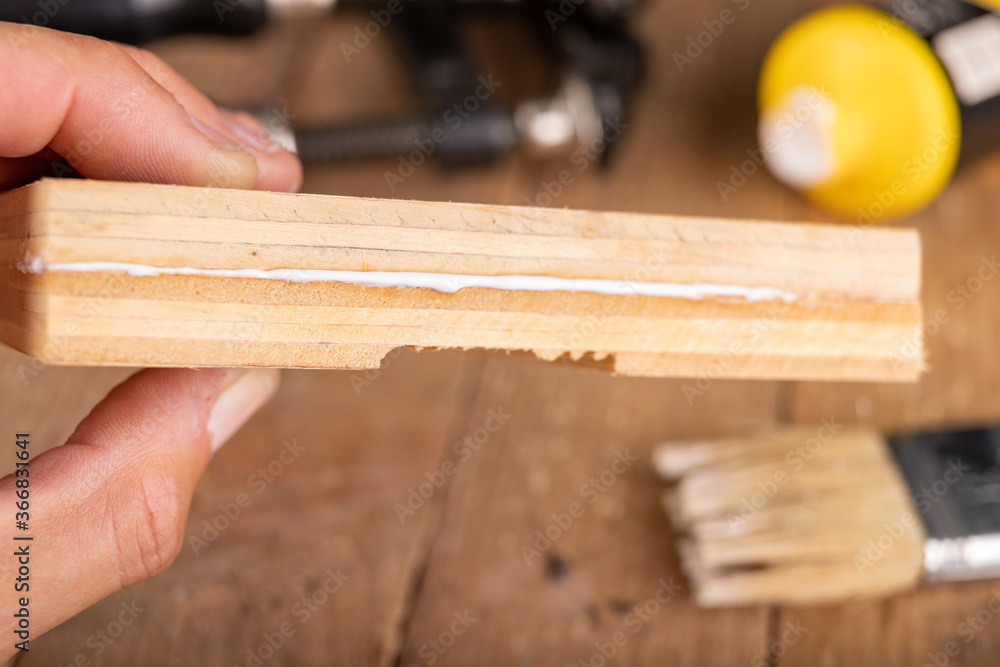Gluing wood with carpentry glue. Minor carpentry work in a home workshop. Gluing wood with carpentry glue. Minor carpentry work in a home workshop.
