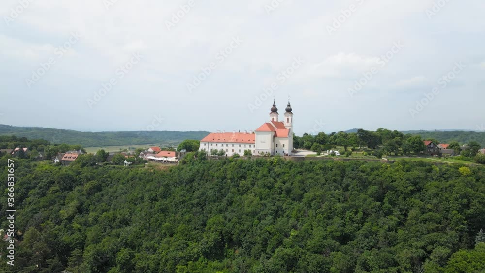 Aerial view of Tihany Abbey. Beautiful panorama view of the Benedictine monastery. Tihany, Lake Balaton Hungary, Europe 4K Aerial view of Tihany Abbey. Beautiful panorama view of the Benedictine monastery. Tihany, Lake Balaton Hungary, Europe 4K