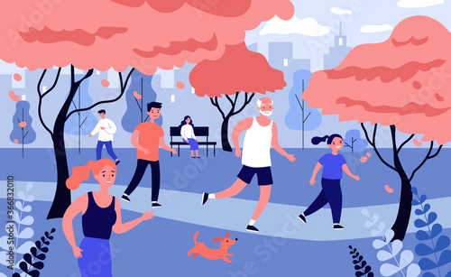 Happy people running in city park at autumn. Dog, sport, jogging flat vector illustration. Nature and healthy lifestyle concept for banner, website design or landing web page