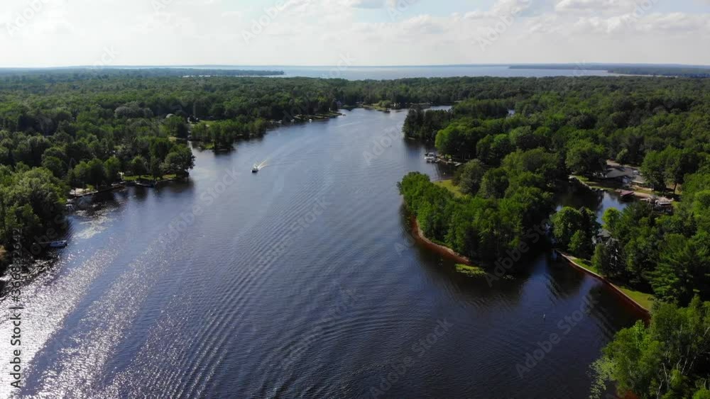Aerial shot of boating and recreation on a small lake in northern Michigan, USA during summer Aerial shot of boating and recreation on a small lake in northern Michigan, USA during summer