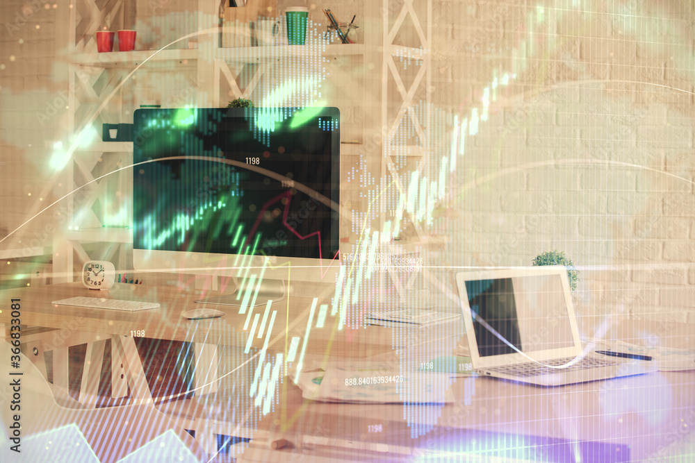 Double exposure of financial graph drawing and office interior background. Concept of stock market. Double exposure of financial graph drawing and office interior background. Concept of stock market.