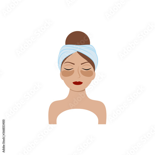 The face of a beautiful girl with a towel on her head and patches around her eyes. Vector cartoon illustration. The concept of body, face and eye care. Logo of  beauty salon, hair salon, Spa, manicure