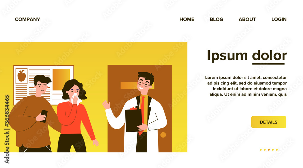Doctor explaining diagnosis to patients. Flu, disease, consultation flat vector illustration. Healthcare and therapy concept for banner, website design or landing web page Doctor explaining diagnosis to patients. Flu, disease, consultation flat vector illustration. Healthcare and therapy concept for banner, website design or landing web page