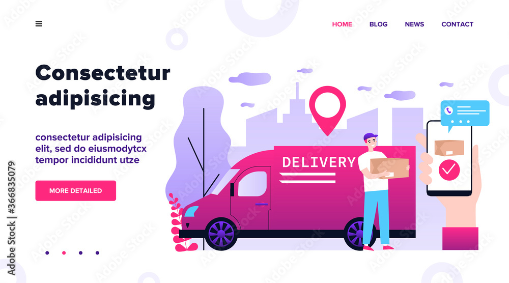 Happy courier delivering package to customer flat vector illustration. Client making order via smartphone app and tracking online. Service, GPS technology and delivery concept. Happy courier delivering package to customer flat vector illustration. Client making order via smartphone app and tracking online. Service, GPS technology and delivery concept.