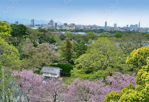 View from the ruins of Maizuru castle: Ohori park and Fukuoka skyline. Fukuoka city, Japan.  photo