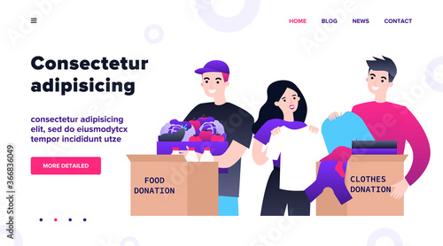 Happy volunteers donating clothes and food for charity flat vector illustration. Young volunteering team putting stuff into boxes for poor people. Kindness and generosity concept.