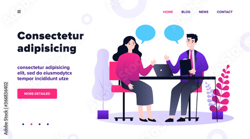 Candidate and HR manager having job interview. Business man and woman meeting at table, talking with speech bubbles. Vector illustration for conversation, career, human resource concept