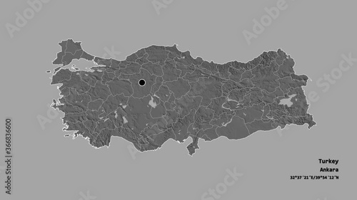 Çanakkale, province of Turkey, with its capital, localized, outlined and zoomed with informative overlays on a bilevel map in the Stereographic projection. Animation 3D photo
