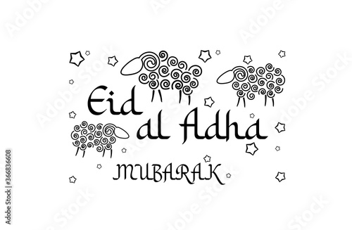 Eid al-Adha sign with images of sheep and stars around. Black and white graphics