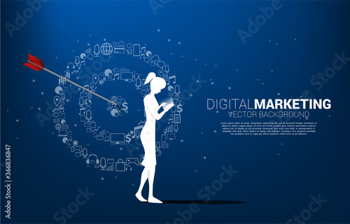 Silhouette woman with mobile phone with point dartboard from marketing icon . Business Concept of marketing target and customer