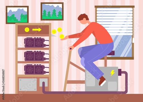 Man sits and turns the mining farm and gets bitcoins. Color vector flat cartoon illustration.