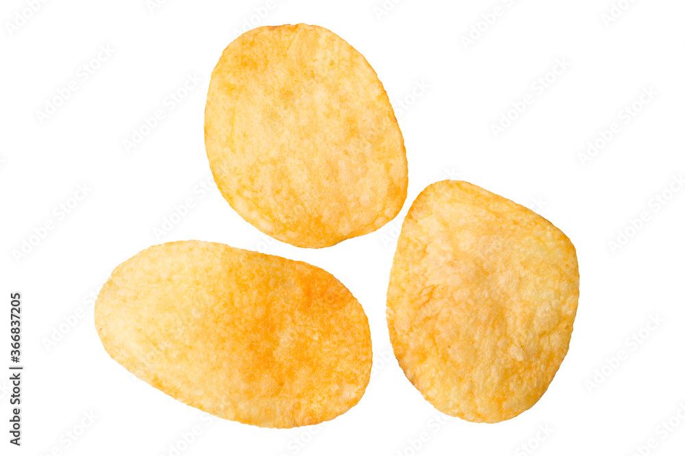 Potato chips isolated on white background close-up. Potato chips isolated on white background close-up.
