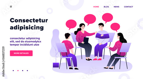 People suffering from problems, attending psychological support meeting. Patients sitting in circle, talking. Vector illustration for group therapy, counseling, psychology, help, conversation concept