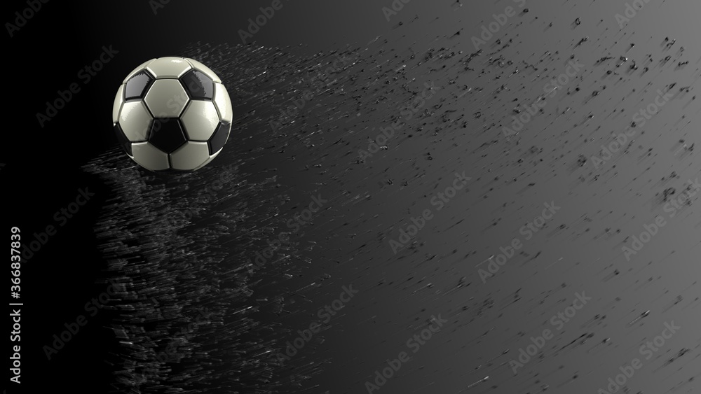 Naklejka premium Black-White Soccer ball with Black Particles in black-white lighting background. 3D CG. 3D illustration. 3D high quality rendering.