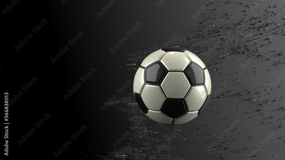 Black-White Soccer ball with Black Particles in black-white lighting background. 3D CG. 3D illustration. 3D high quality rendering.