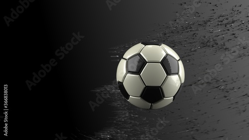 Black-White Soccer ball with Black Particles in black-white lighting background. 3D CG. 3D illustration. 3D high quality rendering. © DRN Studio