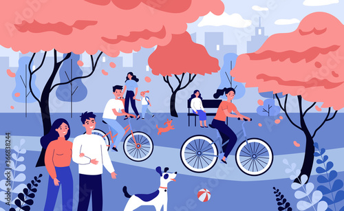Happy people walking in city park. Bicycle, dog, autumn flat vector illustration. Nature, cityscape and urban lifestyle concept for banner, website design or landing web page