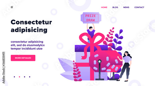 Lucky winners turning raffle drum and getting prize gift boxes. People winning prize draw. Vector illustration for lottery, luck, fortune, gambling concept