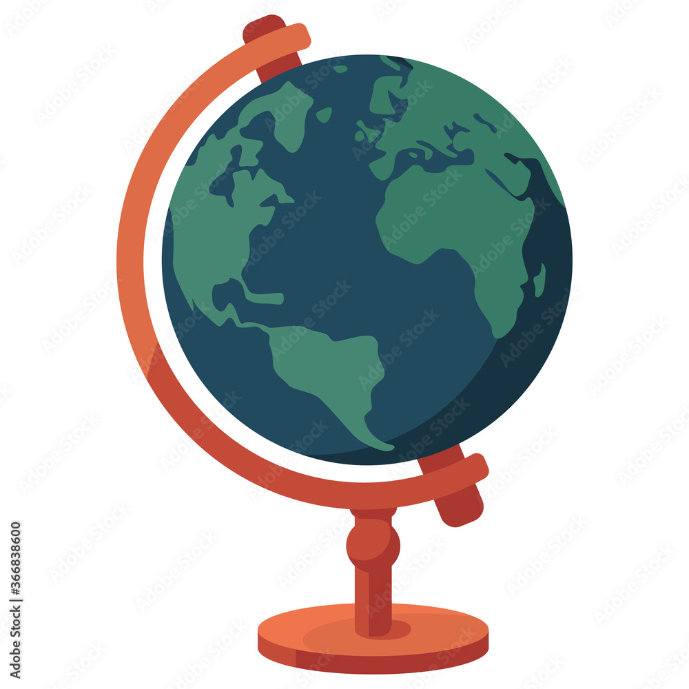 Earth globe map on white isolated backdrop. School inventory for invitation or gift card, exercise book, notebook, bath tile, scrapbook. Phone case or cloth print. Flat style stock vector illustration Earth globe map on white isolated backdrop. School inventory for invitation or gift card, exercise book, notebook, bath tile, scrapbook. Phone case or cloth print. Flat style stock vector illustration