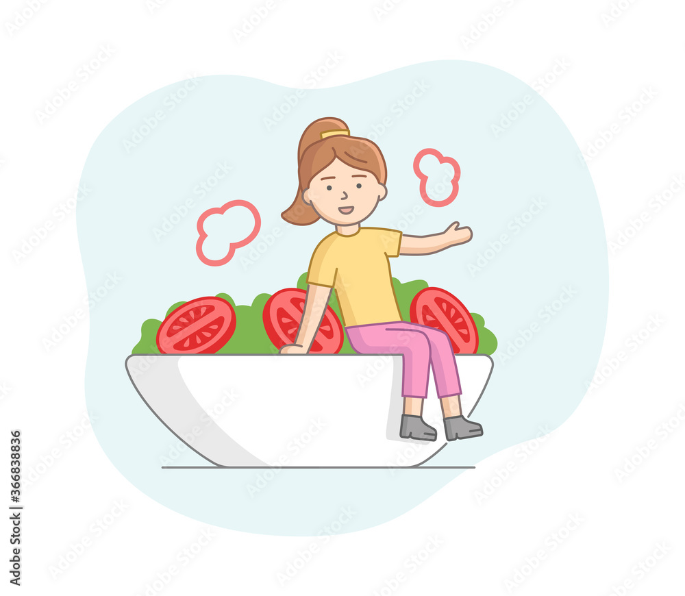 Vegetarianism And Healthy Nutrition Concept. Woman Eating Healthy Food. Character Eats Salad With Tomatoes. Girl Is Against Of Animal Products Eating. Cartoon Linear Outline Flat Vector Illustration Vegetarianism And Healthy Nutrition Concept. Woman Eating Healthy Food. Character Eats Salad With Tomatoes. Girl Is Against Of Animal Products Eating. Cartoon Linear Outline Flat Vector Illustration