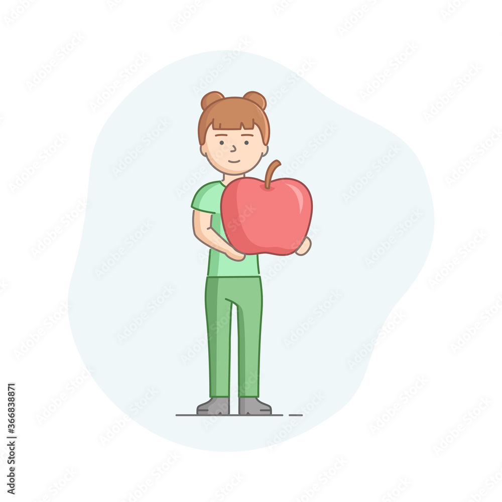 Vegetarianism, Healthy Nutrition Concept. Woman Eating Healthy Food. Character Is Standing And Holding Apple. Girl Against Of Animal Products Eating. Cartoon Linear Outline Flat Vector Illustration Vegetarianism, Healthy Nutrition Concept. Woman Eating Healthy Food. Character Is Standing And Holding Apple. Girl Against Of Animal Products Eating. Cartoon Linear Outline Flat Vector Illustration