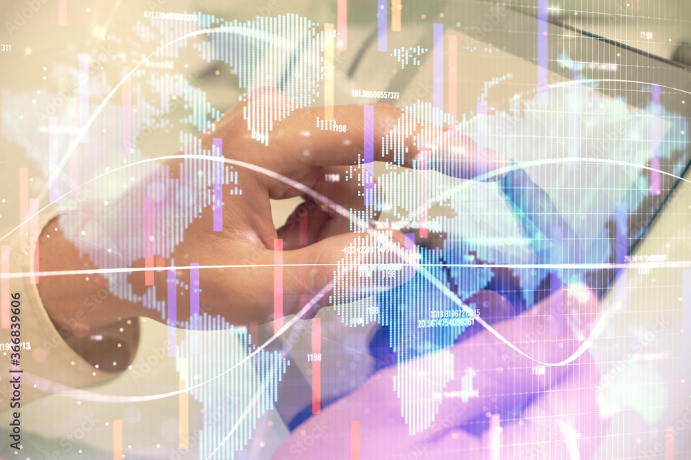 Double exposure of man's hands holding and using a phone and international business theme drawing. Double exposure of man's hands holding and using a phone and international business theme drawing.