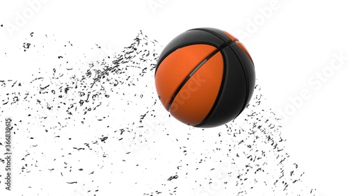 Black-Orange Basketball with Black Particles in black-white lighting background. 3D CG. 3D illustration. 3D high quality rendering.