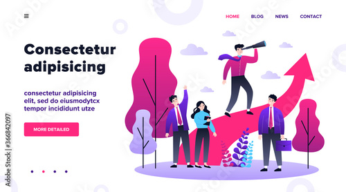 Group leader with spyglass looking far away. Business team standing near increase chart. Vector illustration for leadership, challenge, training, planning concept