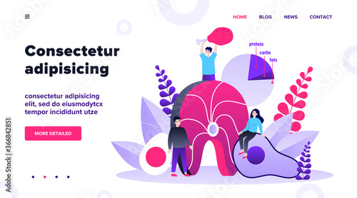 Happy people keeping keto diet and eating high fat and protein foods. Meat, fish, eggs and avocado lovers. Vector illustration for ketogenic diet, healthy nutrition concept