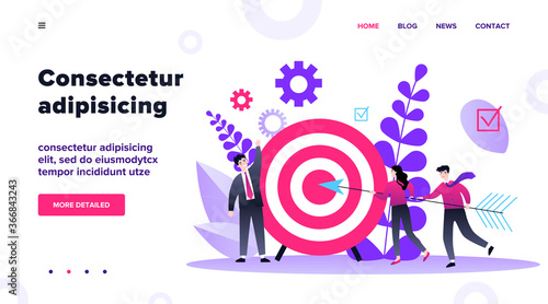 Businesspeople driving arrow to goal. Successful professional team hitting target. Vector illustration for challenge, aim, achievement, teamwork, business, marketing concept