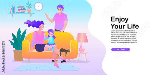 family smiling and staying together. Stay home, Stay safe concept. Save lives vector design sign concept. Stop Covid-19 Coronavirus. Trendy flat vector illustration.