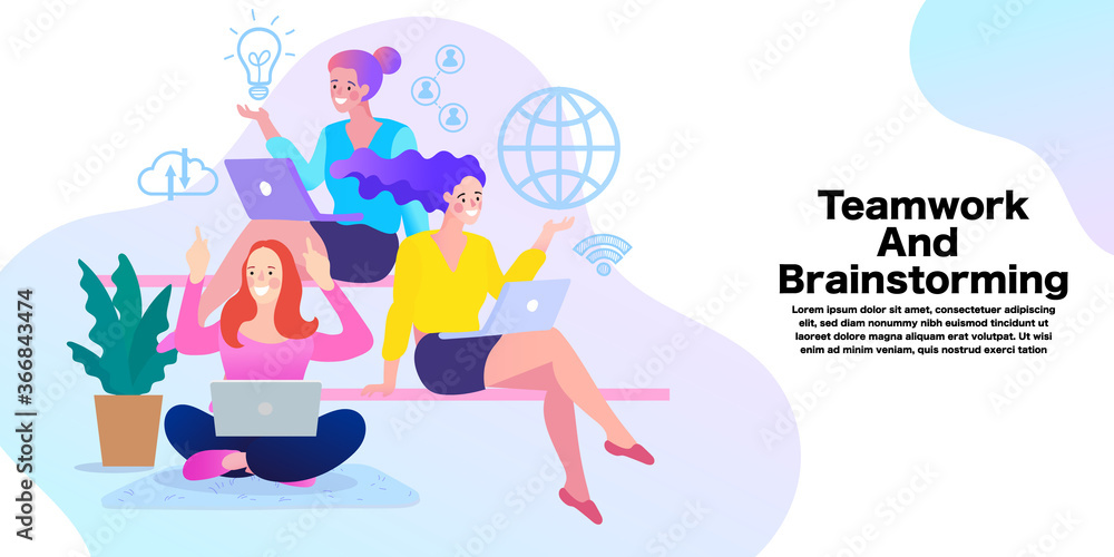 Fototapeta premium People working together in the company, brainstorming. teamwork concept. online assistant at work. vector illustration.