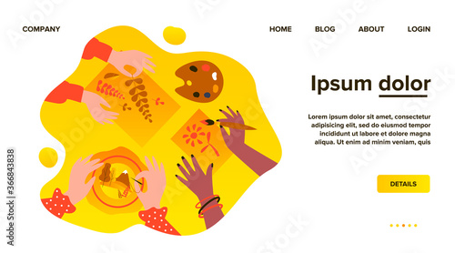 Diverse kids creating craftworks. Hands of children painting, scrapbooking, embroidering. Vector illustration for creative craft art, handmade work, workshop concept