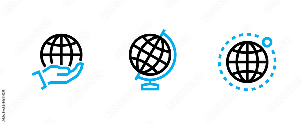 Set of three photo globe earth icons. Editable line vector. - obrazy, fototapety, plakaty 