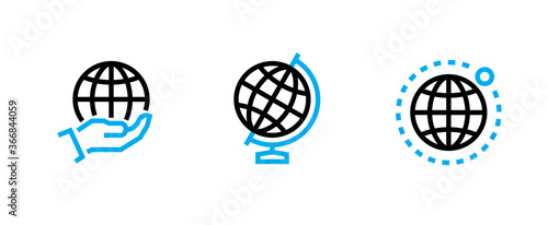 Set of three photo globe earth icons. Editable line vector.