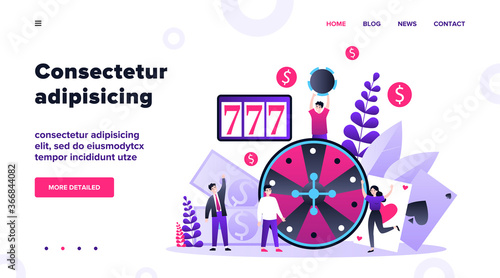 Happy people playing poker. Gamblers with chips and cards gathering at roulette, winning money. Vector illustration for online casino, gamble, risk concept