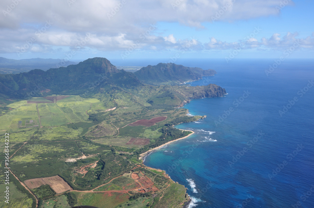 Aerial view of Kauai, Hawaii's scenic northern coast, near Napali Coast and Hanalei Bay