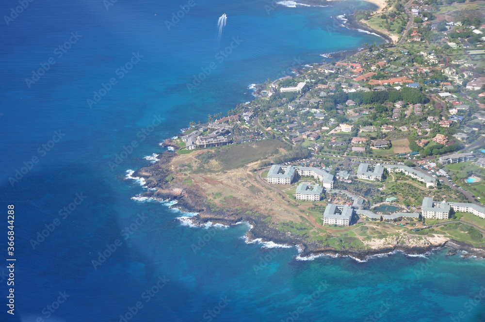 Aerial view of Kauai, Hawaii's scenic northern coast, near Napali Coast and Hanalei Bay