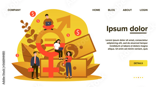 Employees gender salary equality. Business people with laptop working at cash and equal sign. Vector illustration for social respect, discrimination, diversity concept