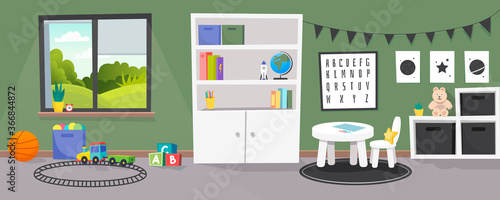 Kindergarten or kid room interior vector illustration. Empty cartoon background with child toys, tables and drawer boxes. Modern room with furniture, sunlight from window and toys for kids.