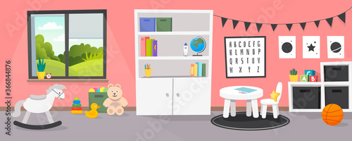 Kindergarten or kid room interior vector illustration. Empty cartoon background with child toys, tables and drawer boxes. Modern room with furniture, sunlight from window and toys for kids.