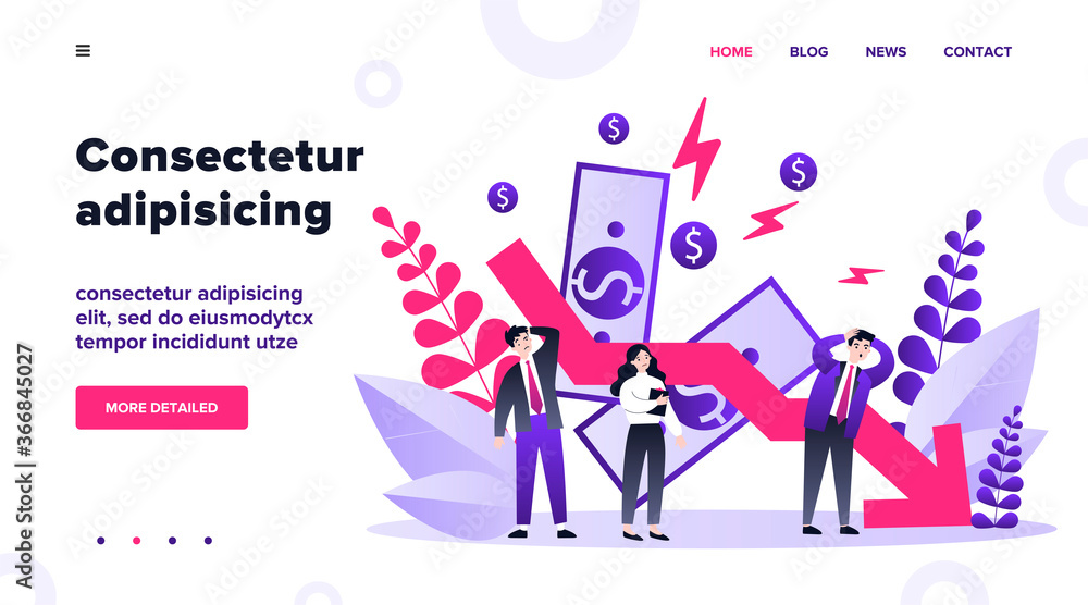 Obraz premium People facing financial crisis and loss. Business people upset about recession, economy problems. Vector illustration for bankruptcy, decrease, company failure, debt concept