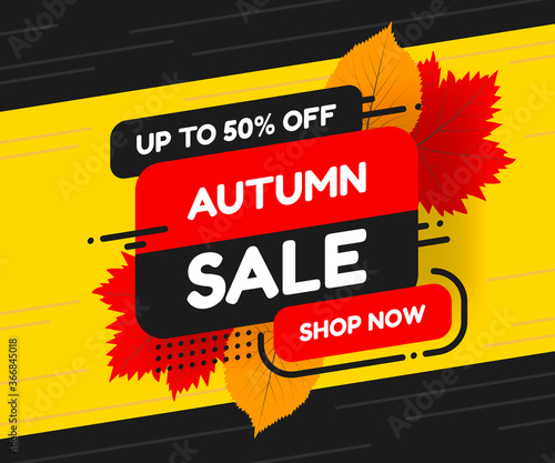 Autumn sale banner design with discount label in colorful autumn leaves background for fall season shopping promotion.