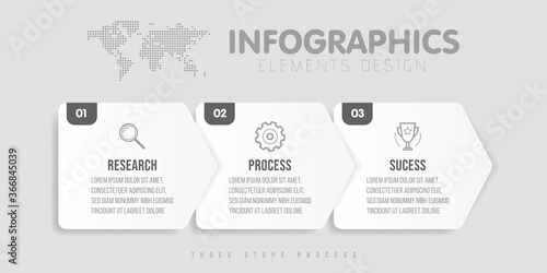 Business infographics template. Timeline with 3 arrow steps, three number options. Vector