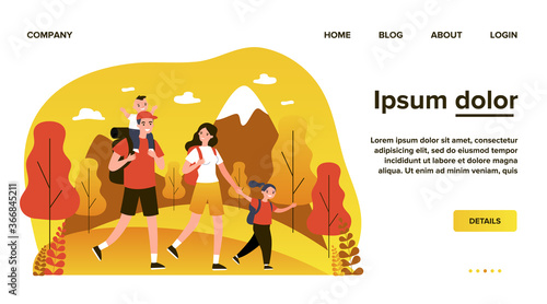 Active happy family travelling together in mountains flat vector illustration. Father, mother and children hiking and camping with backpack at nature. Trip and holiday concept.